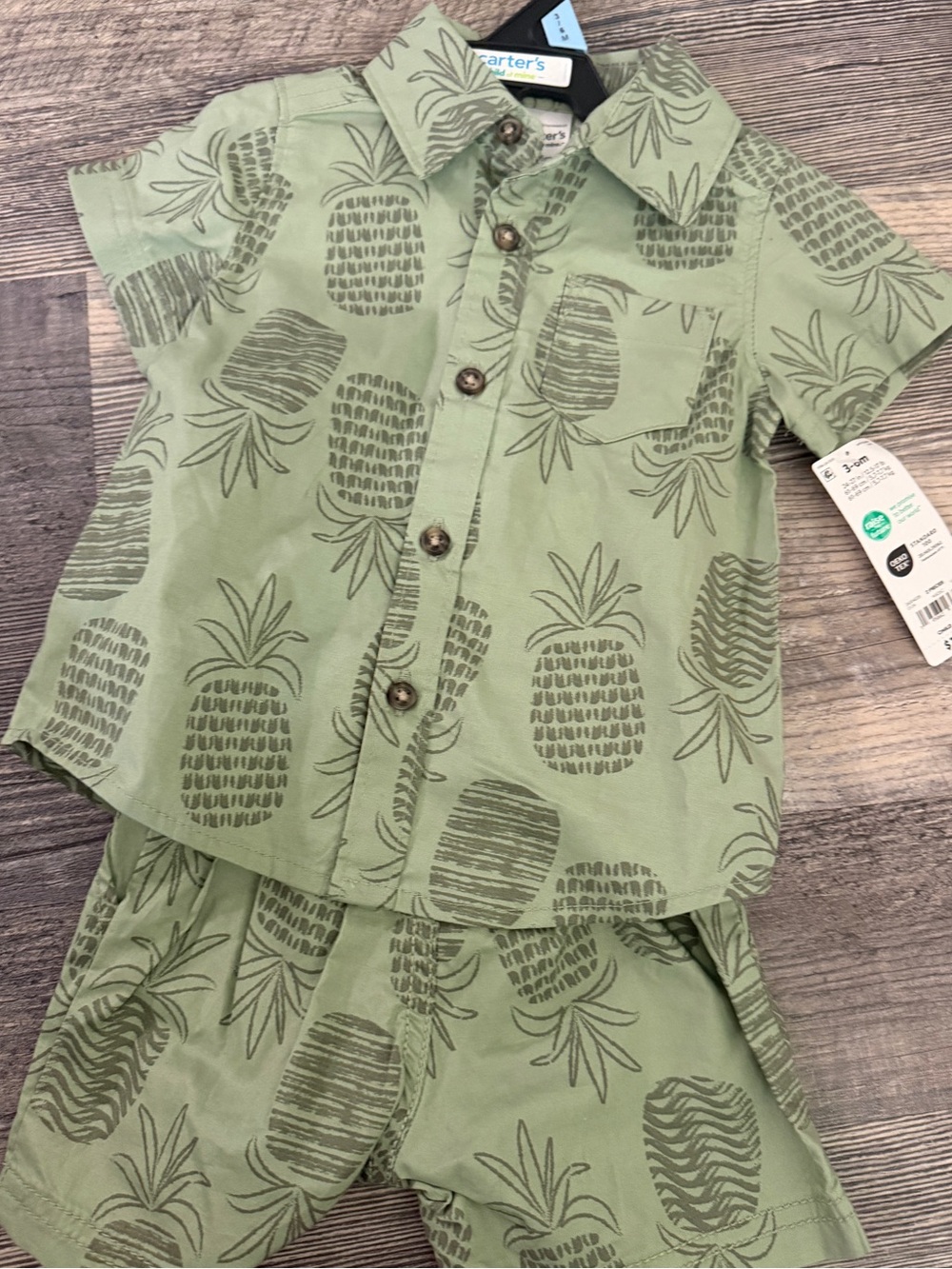 NWT Carter’s 2-Piece Pineapple Button-Up Shirt & Shorts Set Baby Boy 3-6M Olive